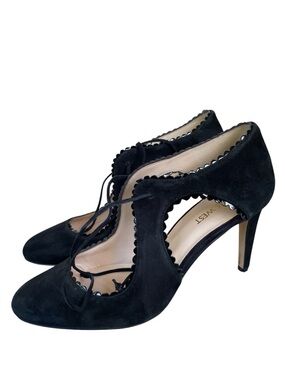 Nine West Hypatia Black Suede Scalloped Lace-Up Mary Jane Heels - Size 8